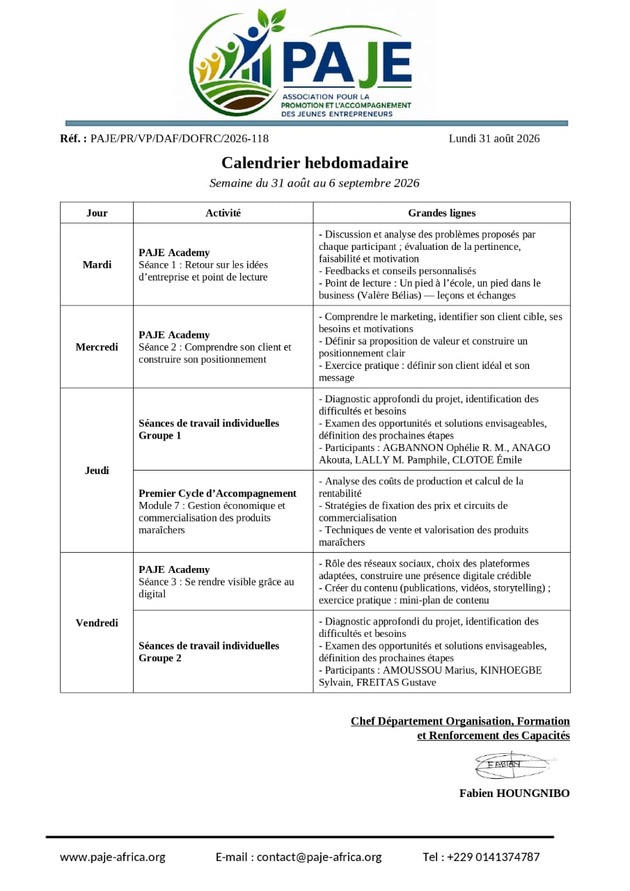 CALENDRIER HEBDOMADAIRE